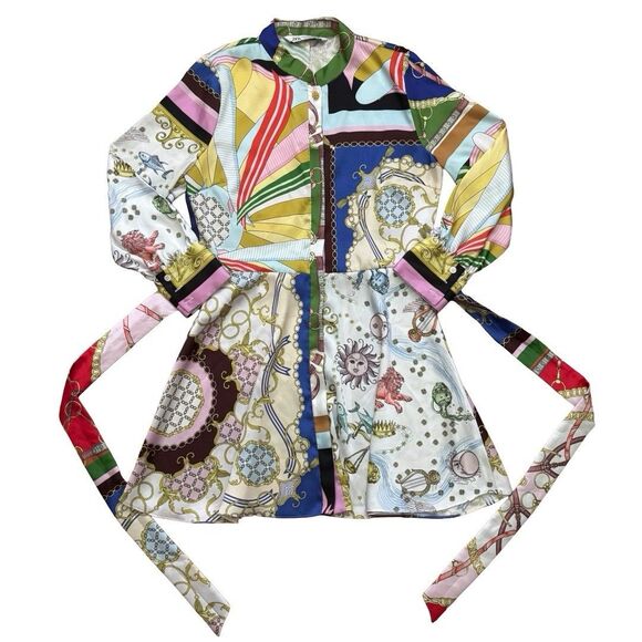 ZARA Dress Multicolored Mini Dress Long Sleeve Silky Satiny Smooth Size Medium - Picture 2 of 10